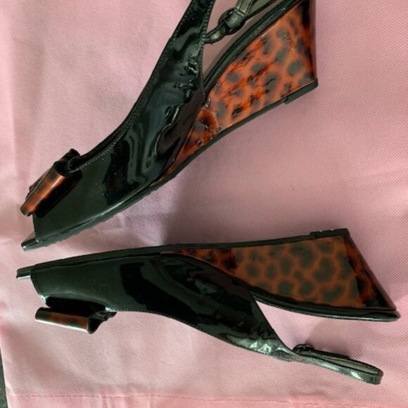 Sesto Meucci Italian evening sandals, black patent/animal patent front bows 10N - Picture 2 of 4